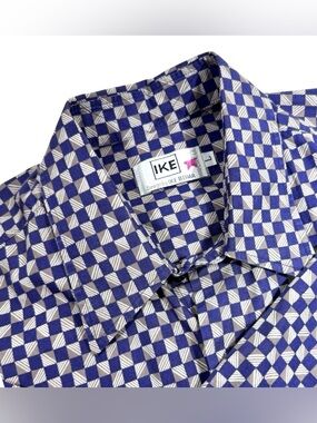 Ike Behar Blue and White Geometric Check Button-Down Shirt